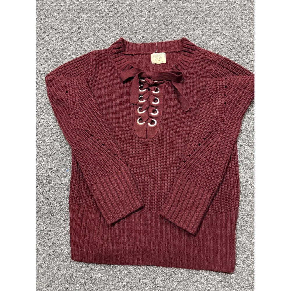 Hippie Rose Womens Lace Up Front Ribbed Knit Sweater Burgundy PF835577‎ Size M
